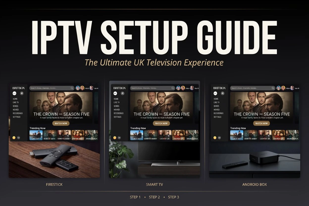 IPTV setup guide showing installation on Firestick, Smart TV and Android box